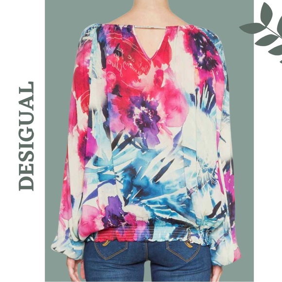 Desigual Zazil Blouse Pink Blue Oversize Floral Top Balloon Sleeve Tassel Medium - Picture 2 of 9